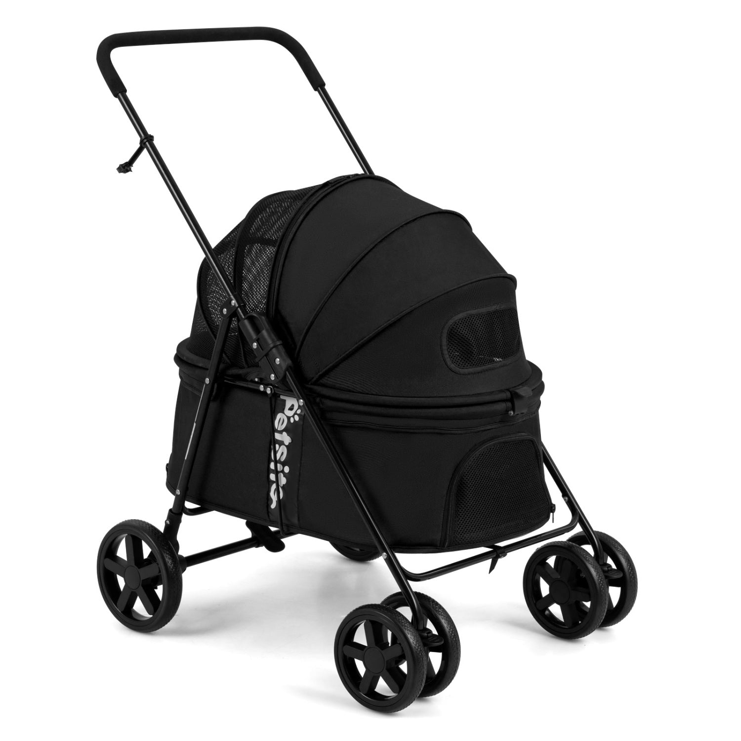 Foldable black pet stroller for small to medium dogs with canopy and one-step rear brake, ideal for comfortable dog walks.