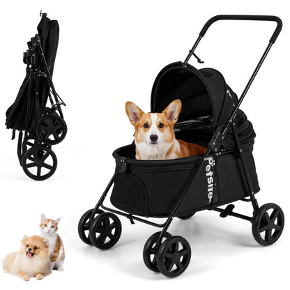 Black foldable pet stroller for small and medium dogs with one-step rear brake and canopy, designed for easy transportation.