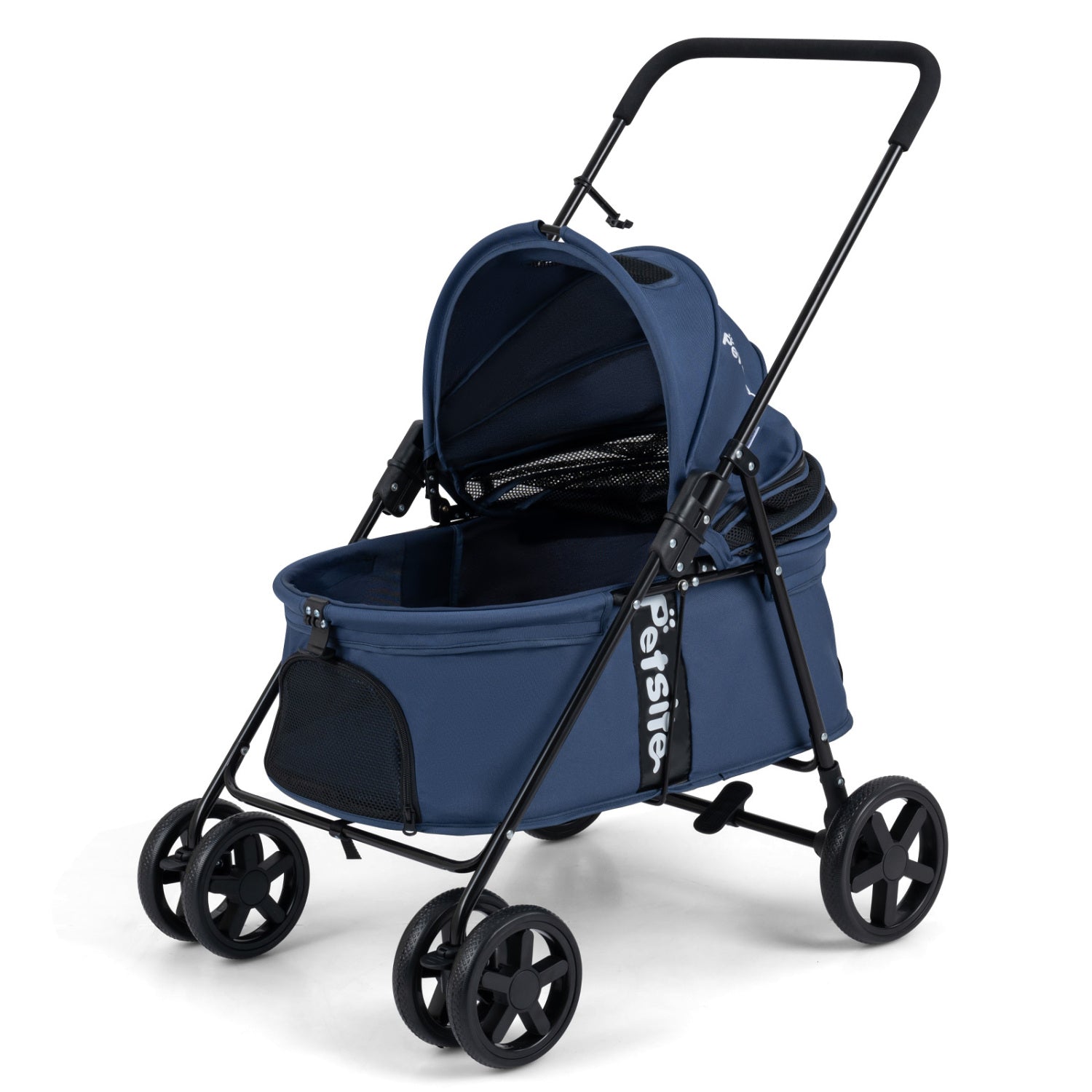 Black foldable dog stroller for small and medium pets with canopy and one-step rear brake, ideal for convenient pet transport.