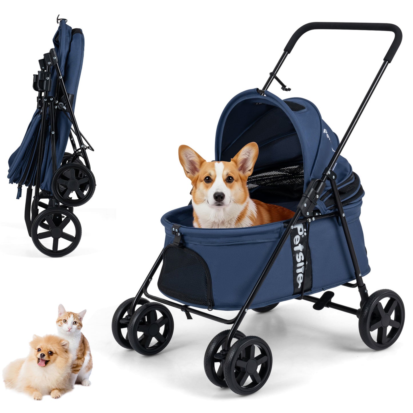 Foldable black pet stroller for small and medium dogs with canopy and one-step rear brake, by Direct by Wilsons Home Store.