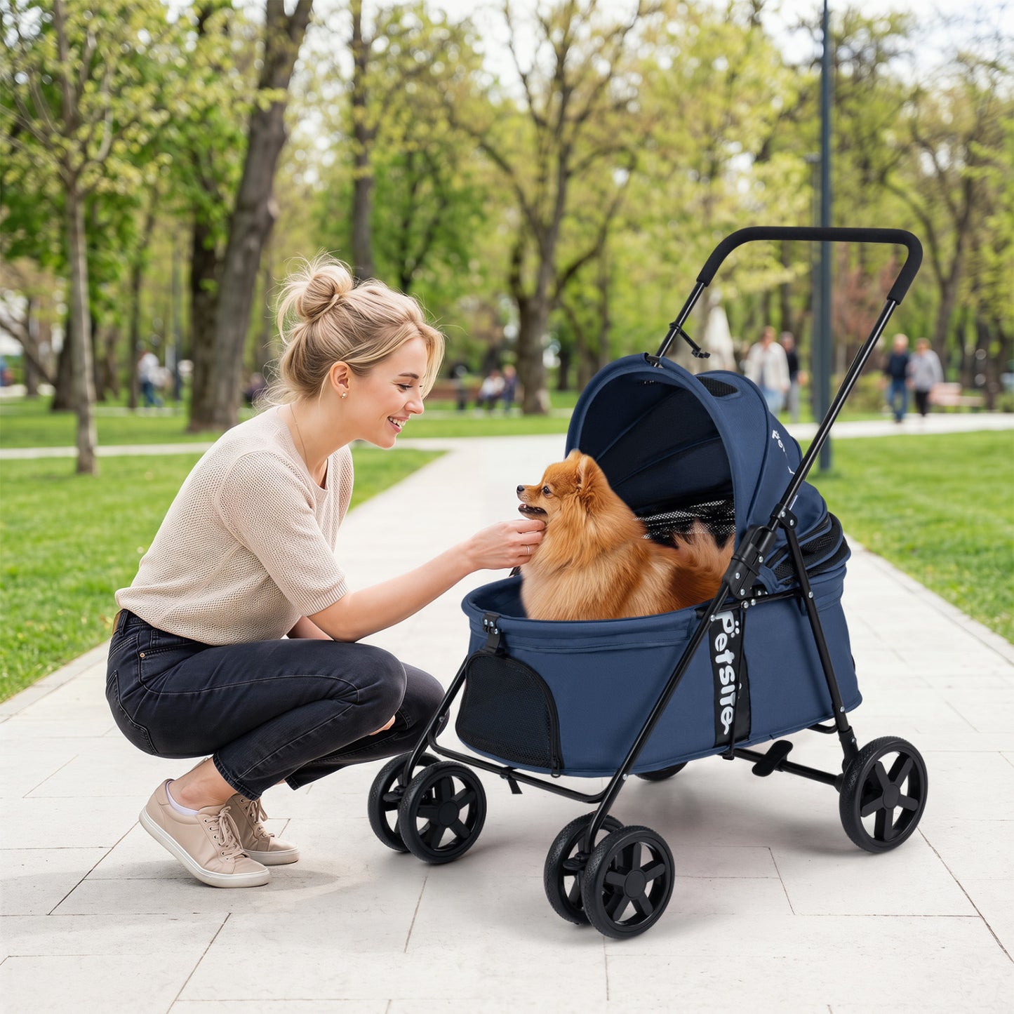 Black foldable pet stroller for small and medium dogs with one-step rear brake and canopy, by Direct by Wilsons Home Store.