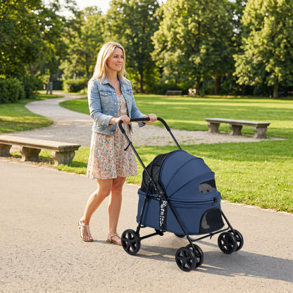Foldable black pet stroller for small and medium dogs with canopy, one-step rear brake, designed for easy transport and comfort.