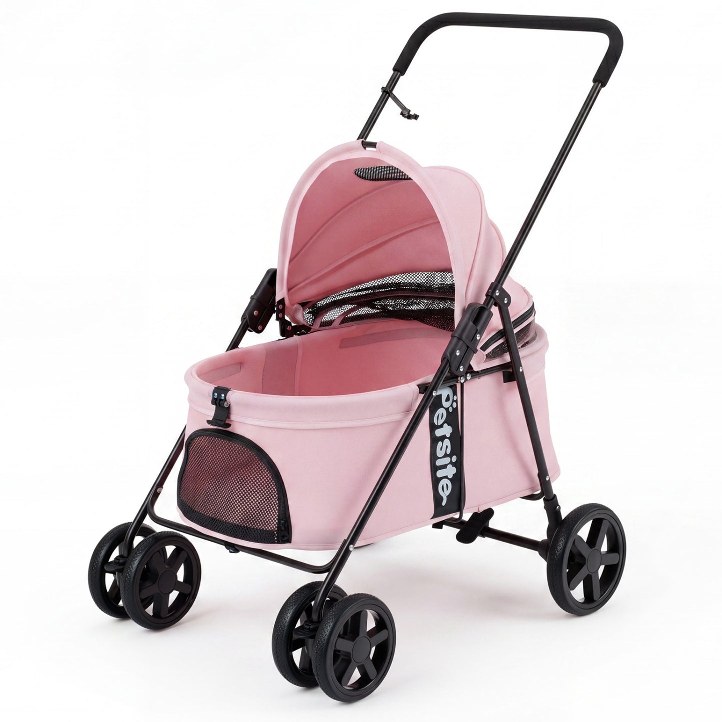 Black foldable pet stroller for small and medium dogs with one-step rear brake and canopy, designed for easy transport.