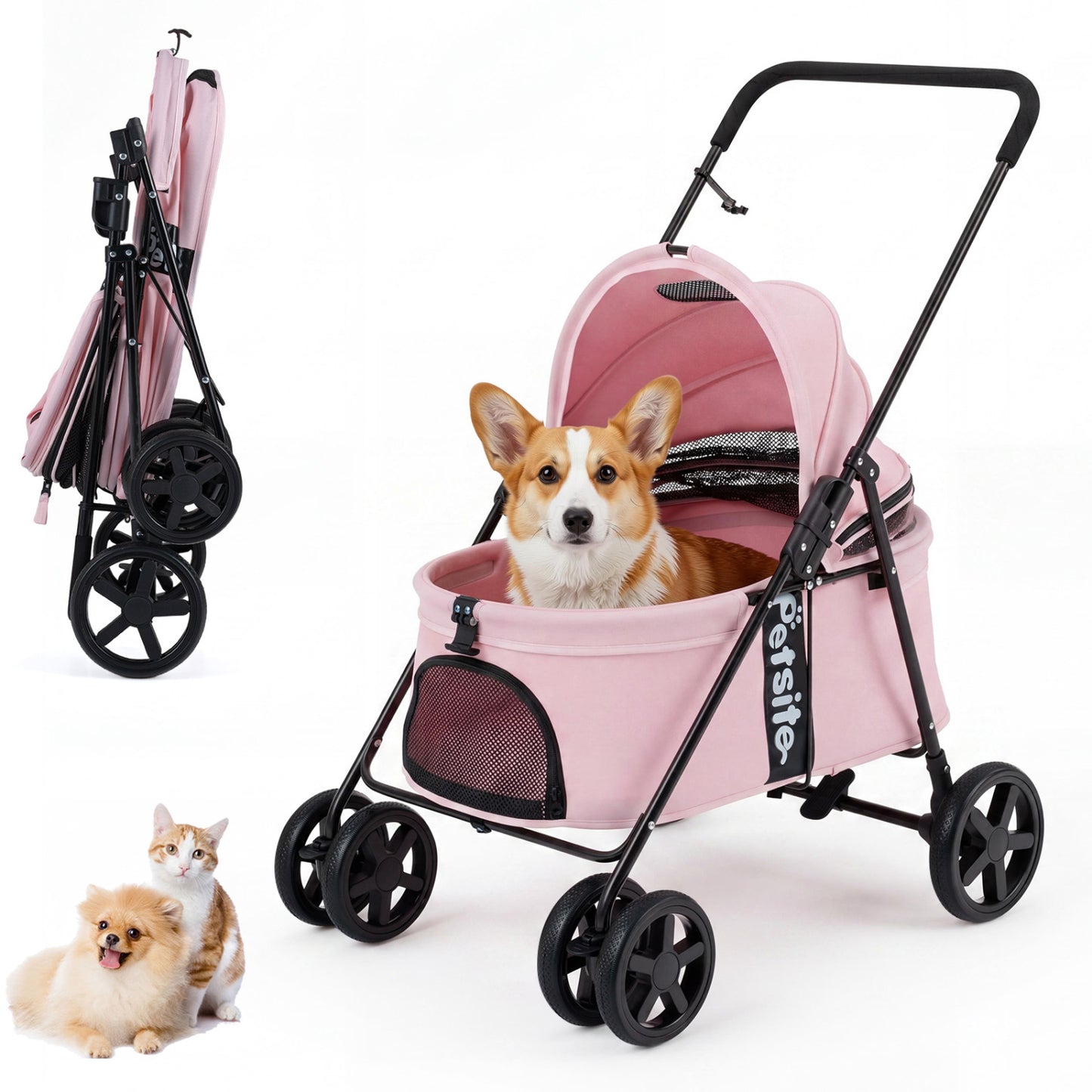 Black foldable pet stroller for small and medium dogs with canopy and one-step rear brake, ideal for easy outdoor walks.