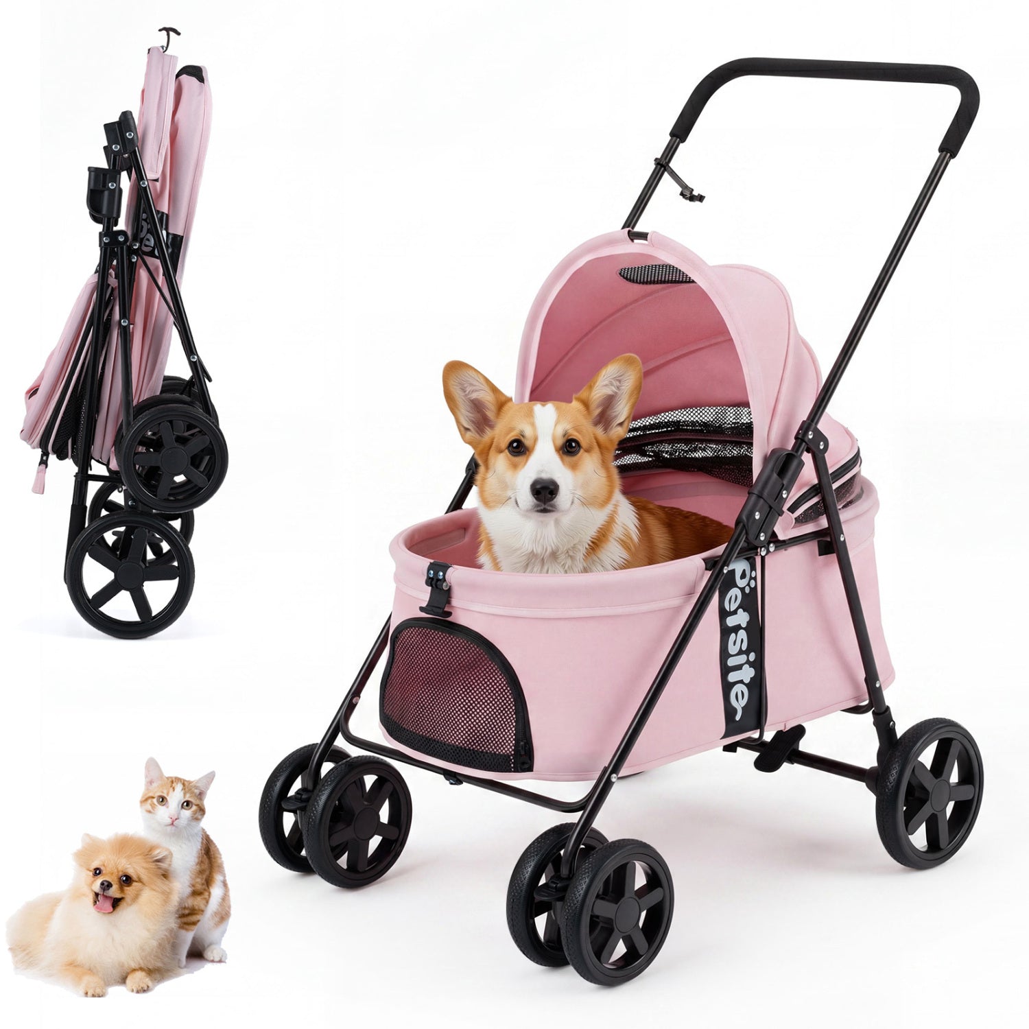 Black foldable pet stroller for small and medium dogs with canopy and one-step rear brake, ideal for easy outdoor walks.