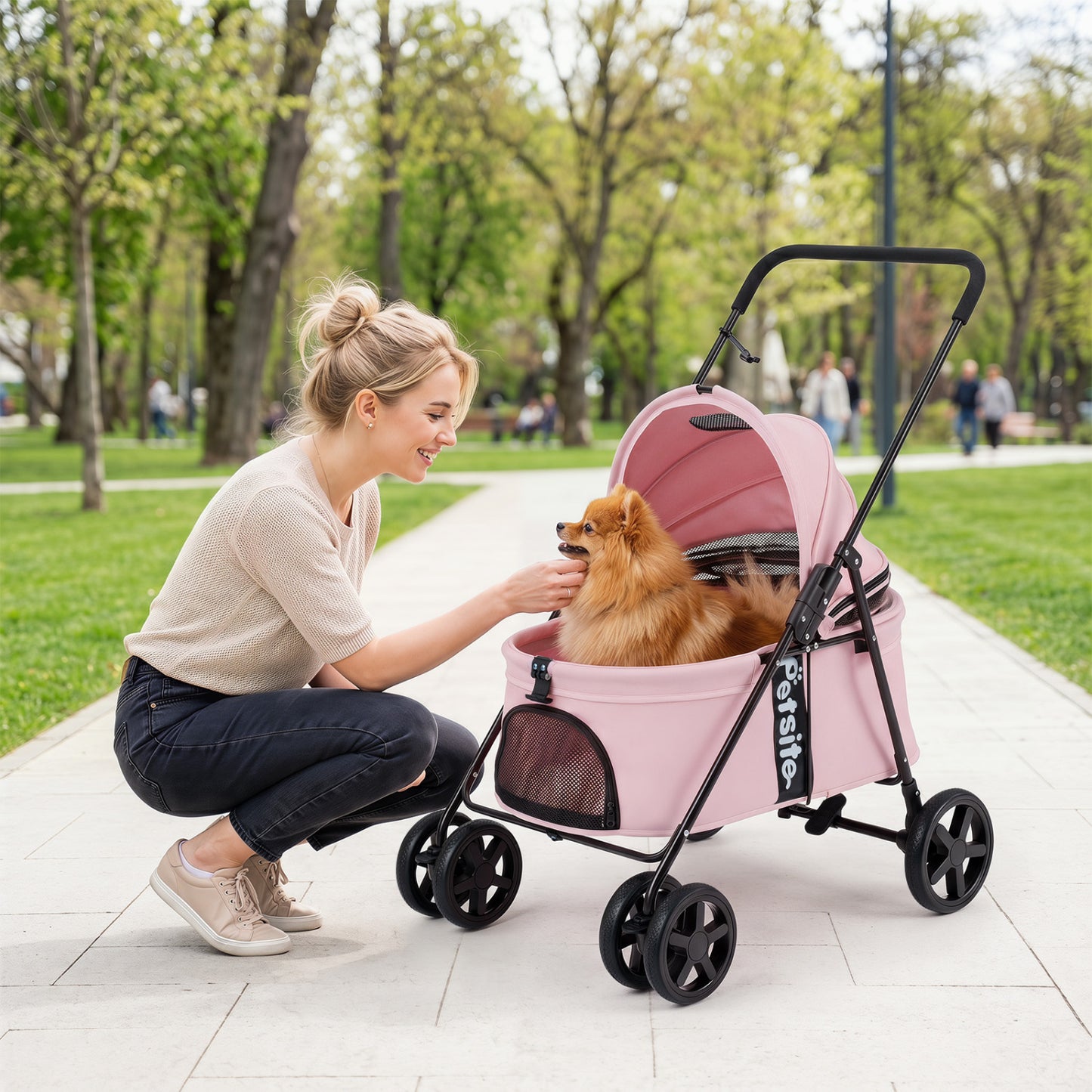 Foldable black pet stroller for small and medium dogs with canopy and one-step rear brake, designed for easy transport and comfort.