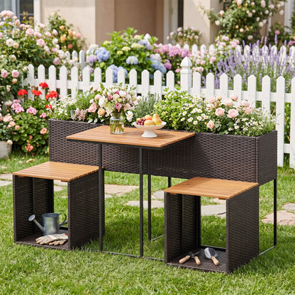 Planter Table and Chairs Set with Bottom Storage Shelf-Brown