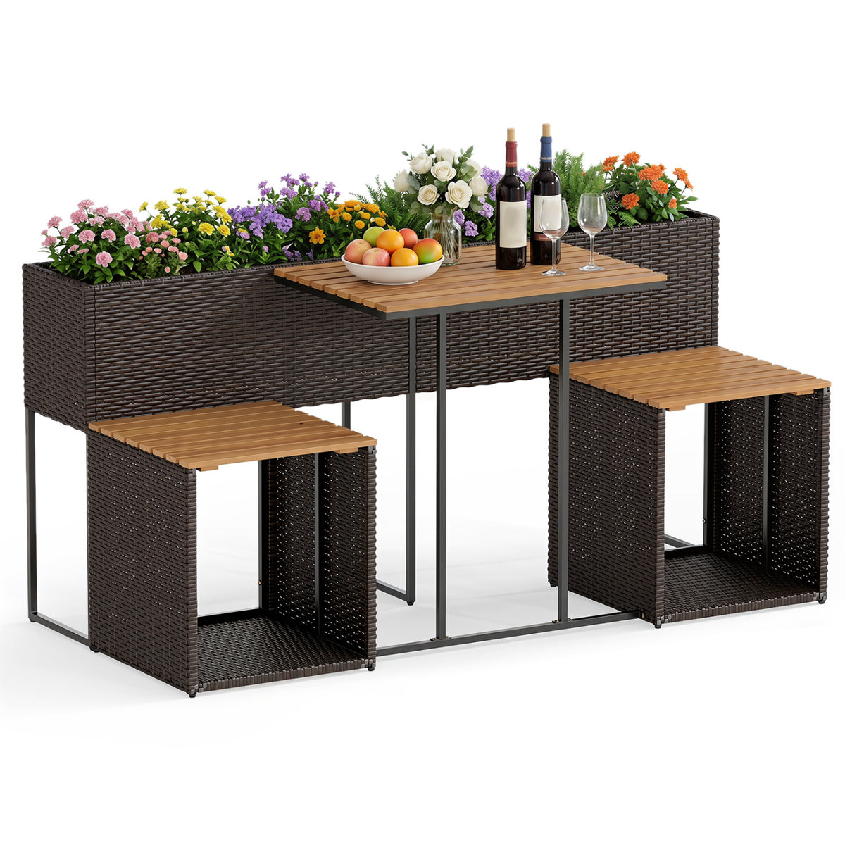 Planter Table and Chairs Set with Bottom Storage Shelf-Brown