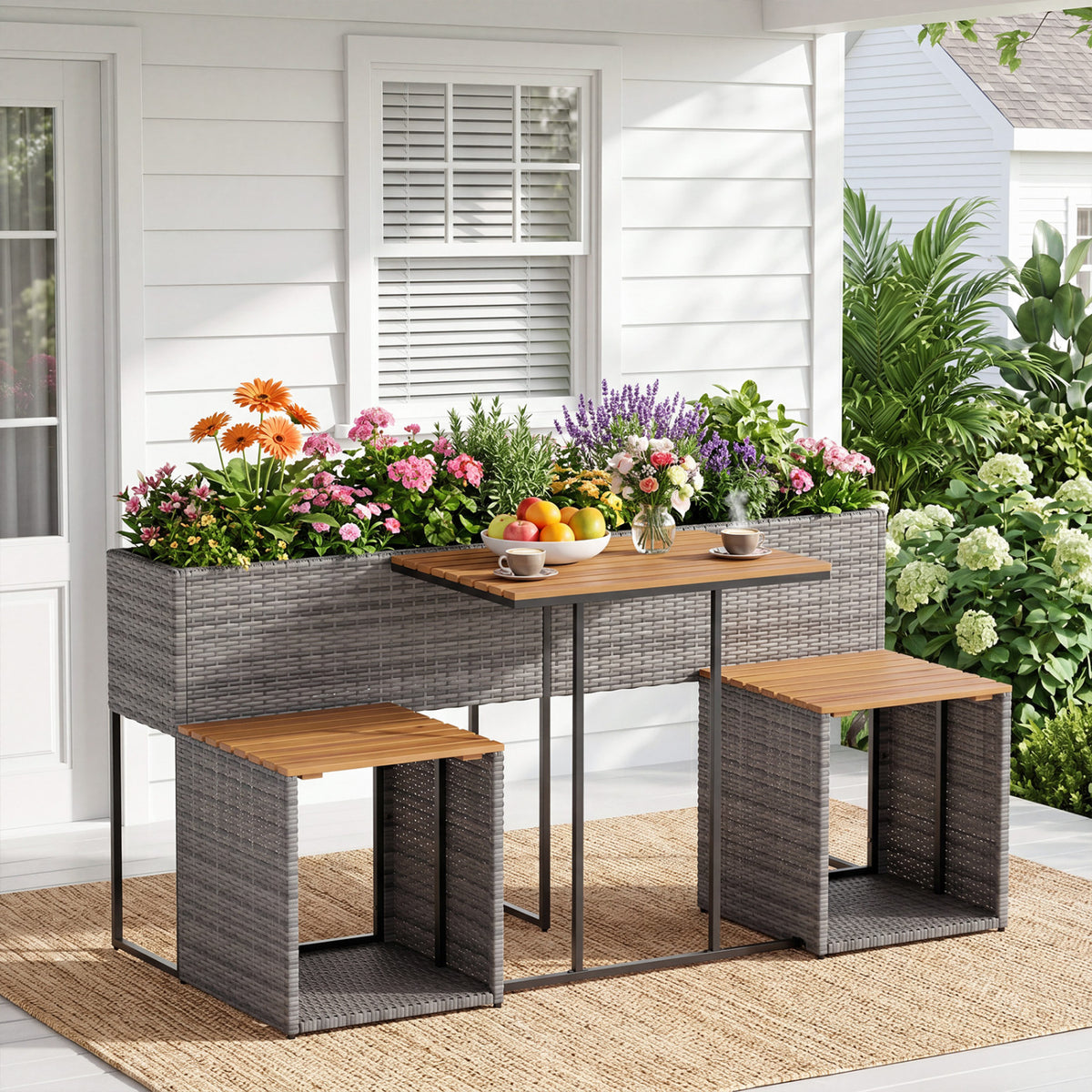 Planter Table and Chairs Set with Bottom Storage Shelf-Brown