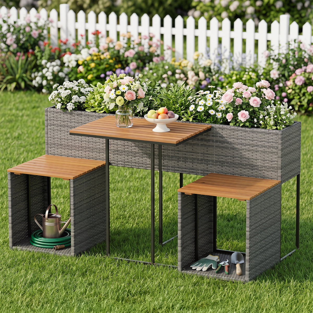 Planter Table and Chairs Set with Bottom Storage Shelf-Brown