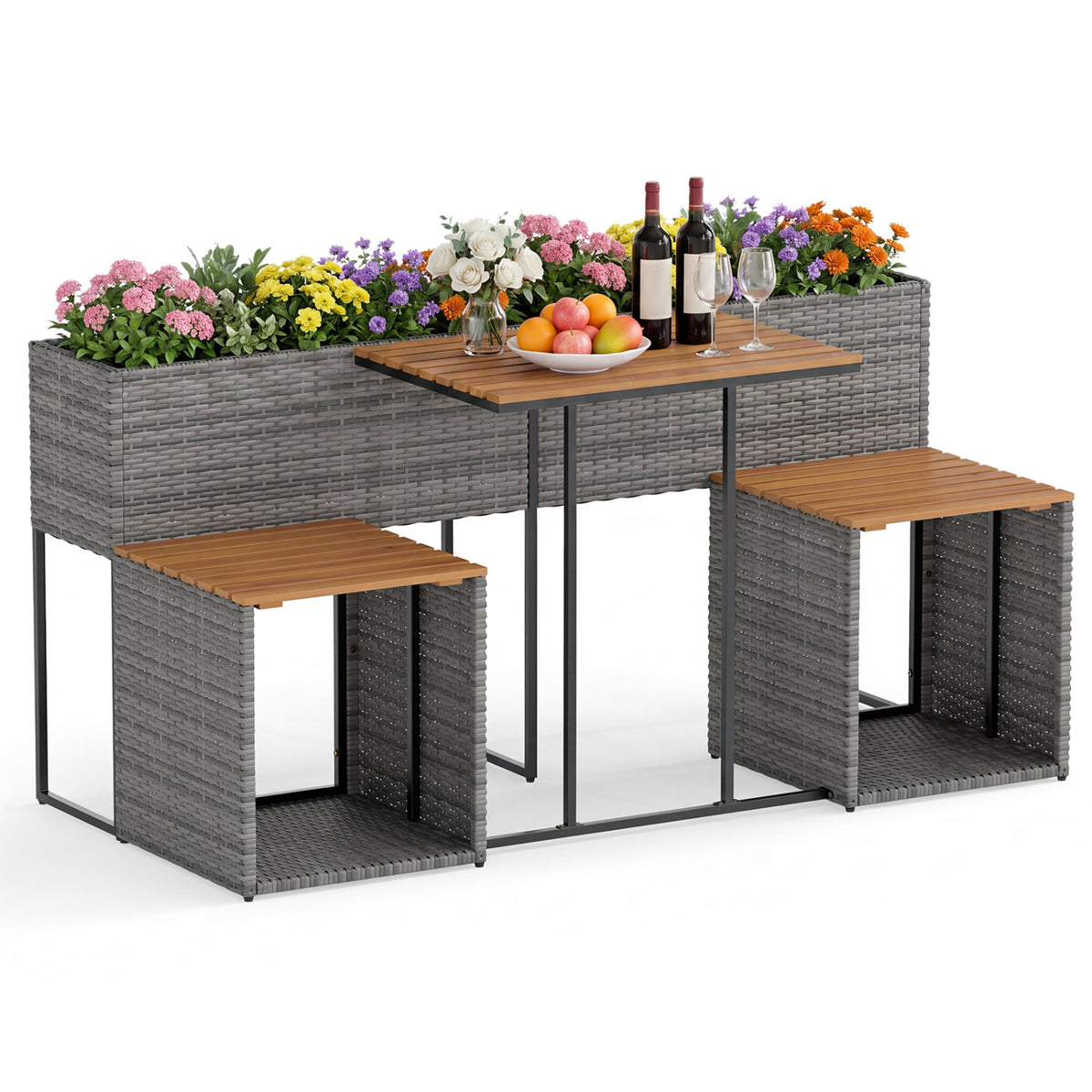 Planter Table and Chairs Set with Bottom Storage Shelf-Brown