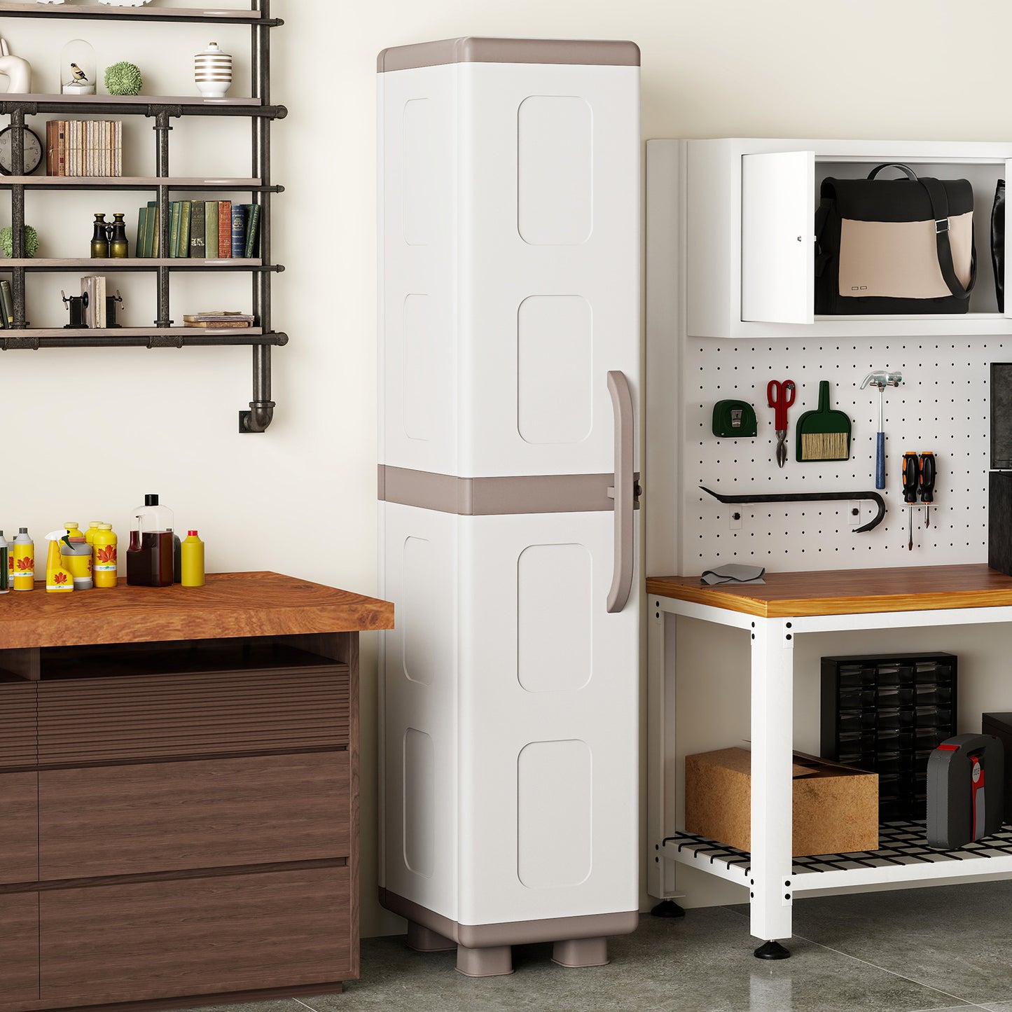 Plastic Kitchen Pantry with 4 Adjustable Shelves and Single Door for Living Room and Kitchen-Beige