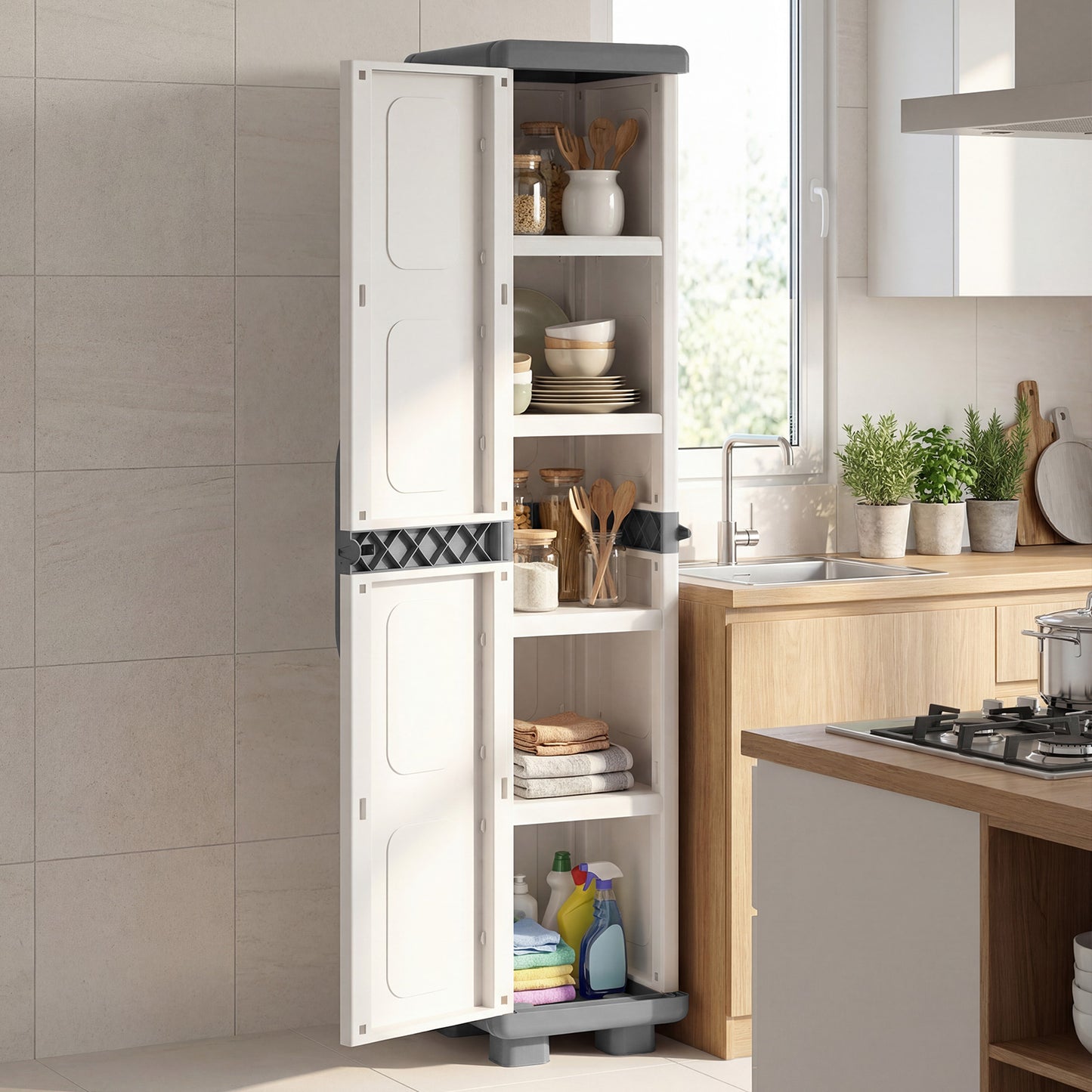 Plastic Kitchen Pantry with 4 Adjustable Shelves and Single Door for Living Room and Kitchen-Beige