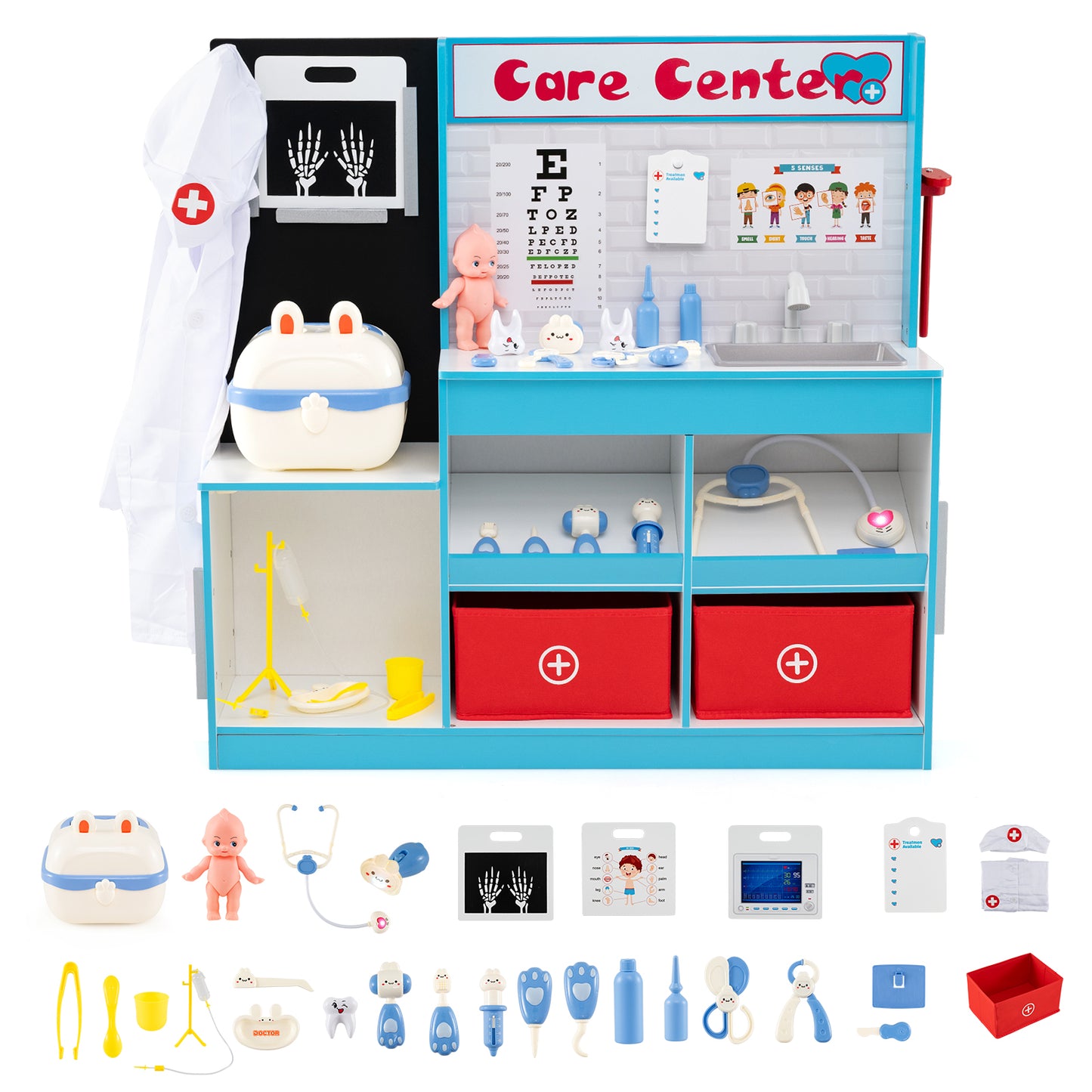 Play Doctor's Office Wood Medical Center Toy Set with Examine Region-Blue