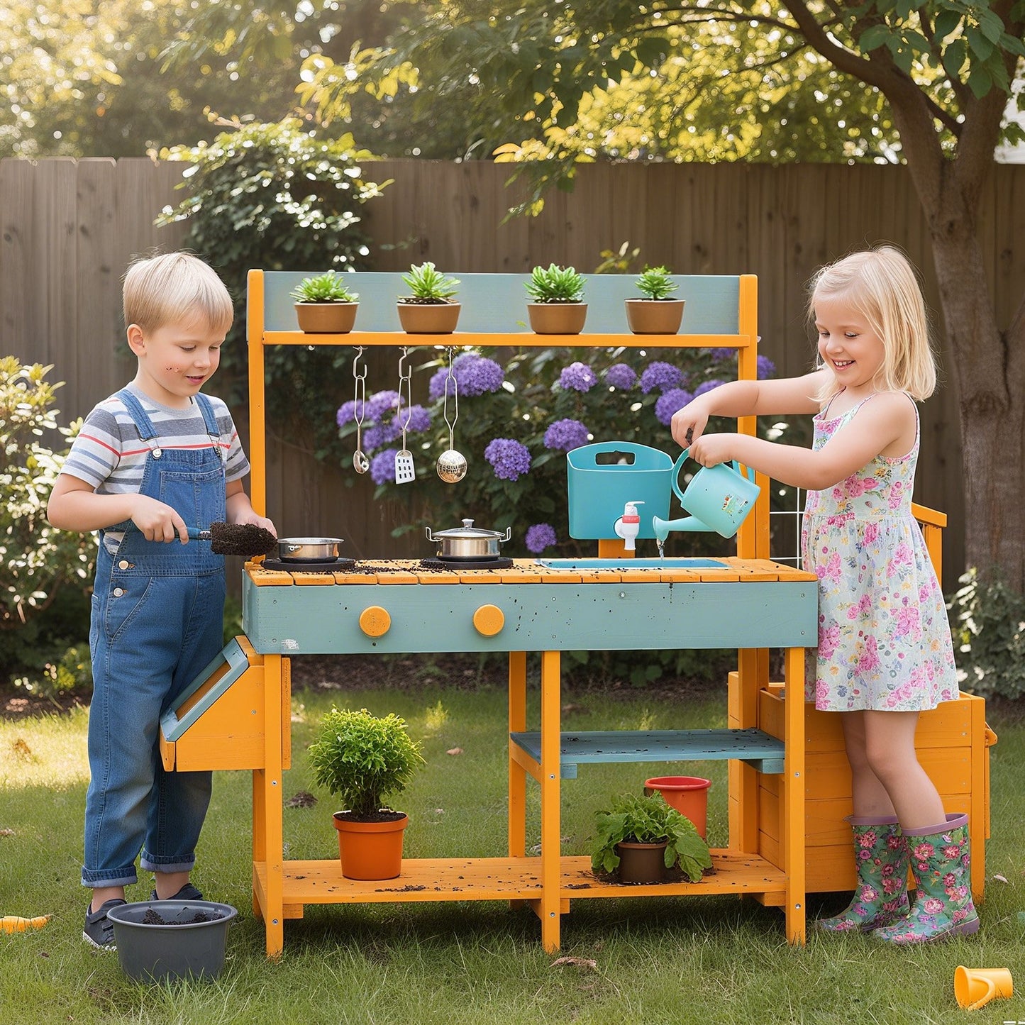 Play Kitchen for Kids Wooden Toy Kitchen Playset Pretend Mud Kitchen-Brown