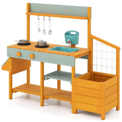 Play Kitchen for Kids Wooden Toy Kitchen Playset Pretend Mud Kitchen-Brown