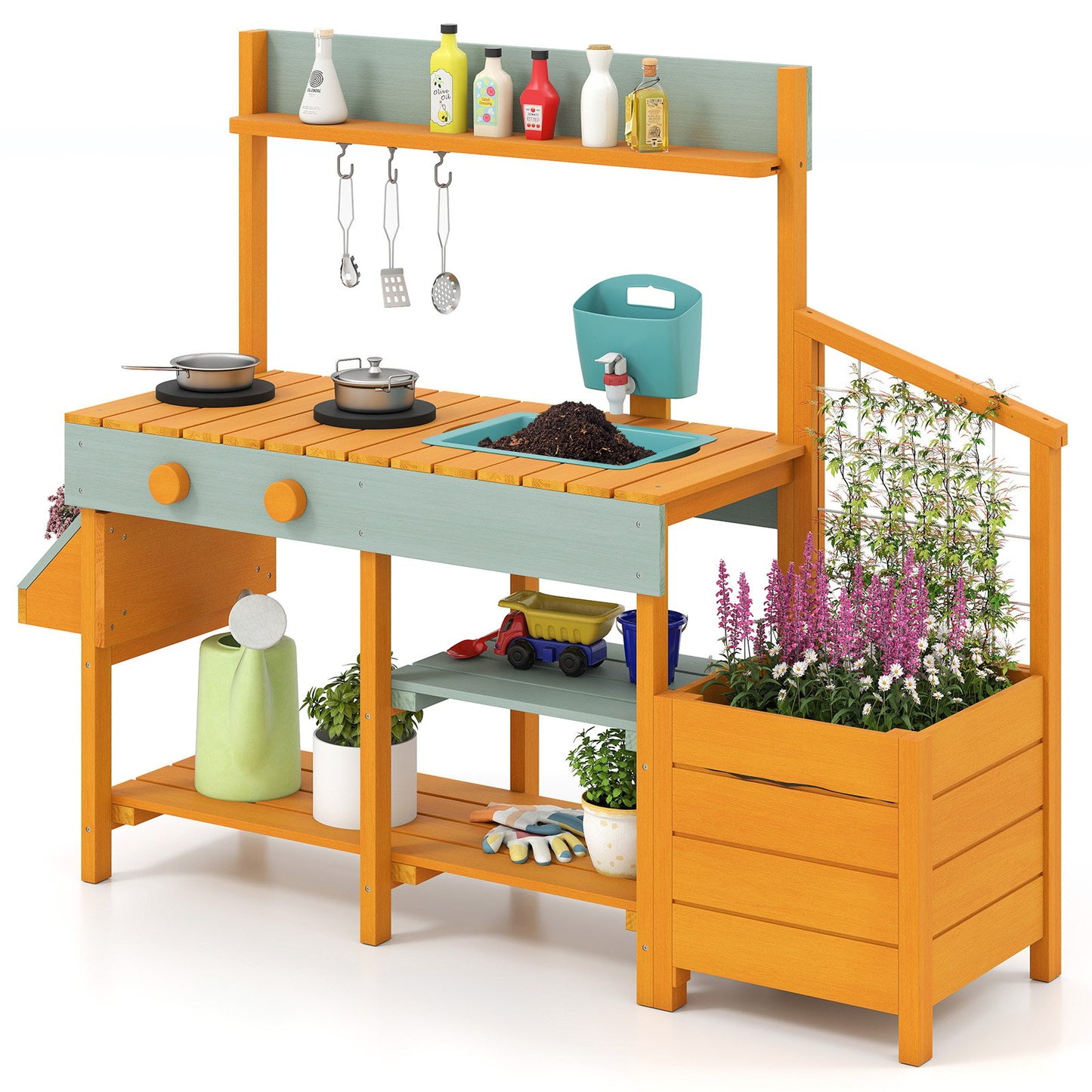Play Kitchen for Kids Wooden Toy Kitchen Playset Pretend Mud Kitchen-Brown