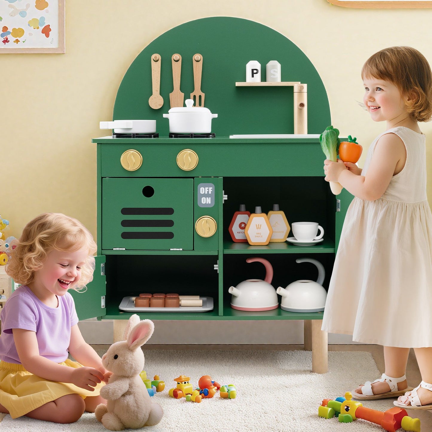 Play Kitchen for Kids Wooden Kitchen Playset with Stoves Faucet Sink Microwave and Oven-Green