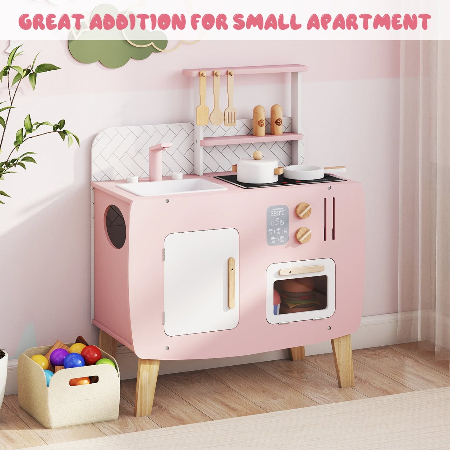 Play Kitchen for Kids Wooden Kitchen Playset with Stoves Sink Faucet and Oven