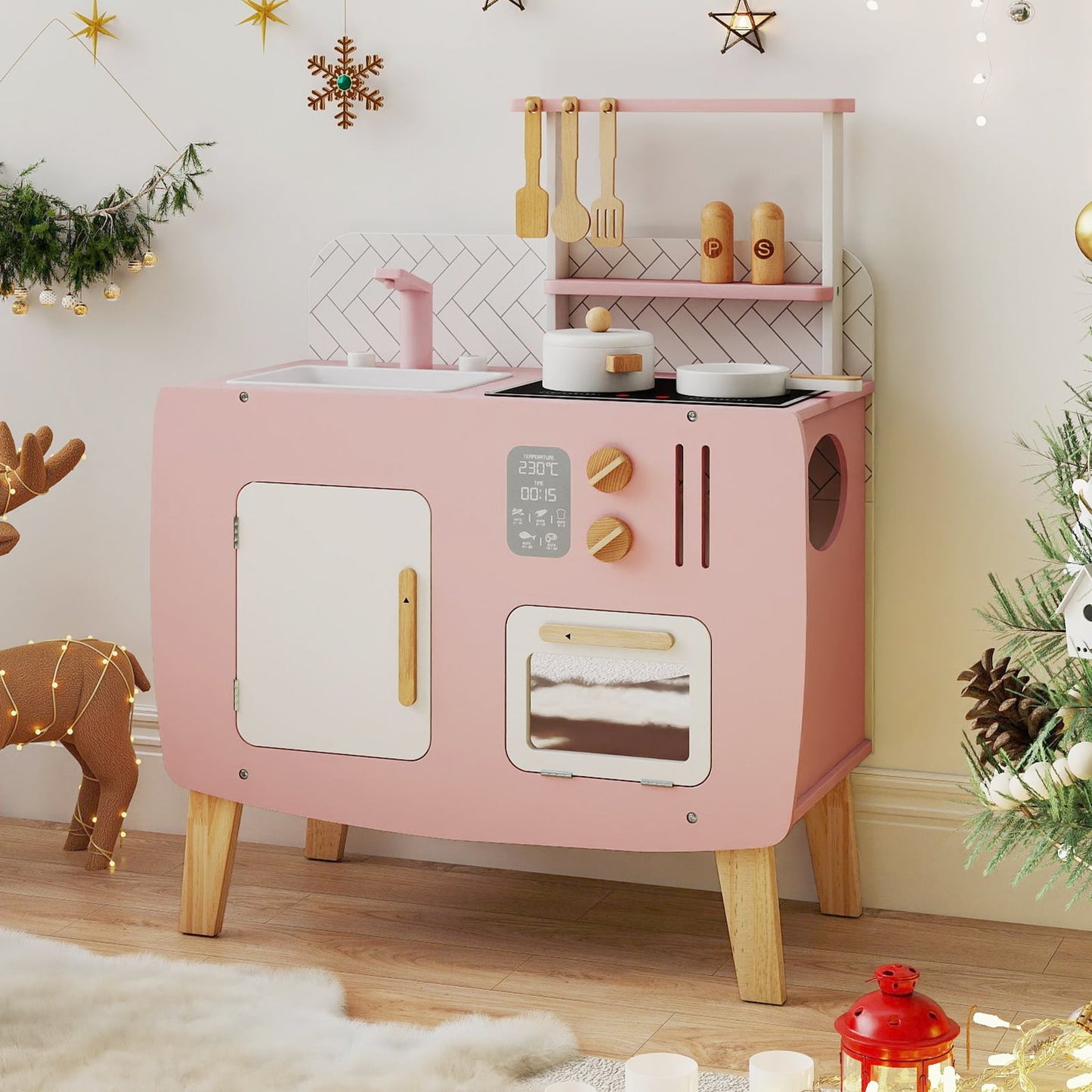 Play Kitchen for Kids Wooden Kitchen Playset with Stoves Sink Faucet and Oven