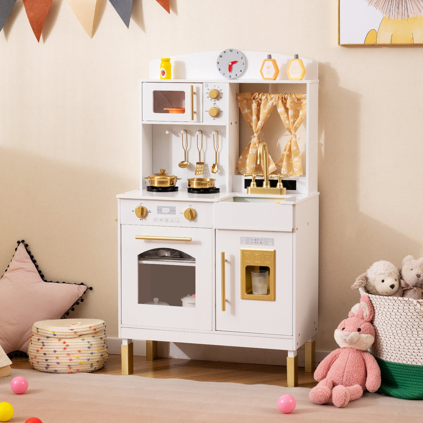 Play Kitchen for Kids Wooden Chef Pretend Playset with 3 Adjustable Heights Microwave-Gold