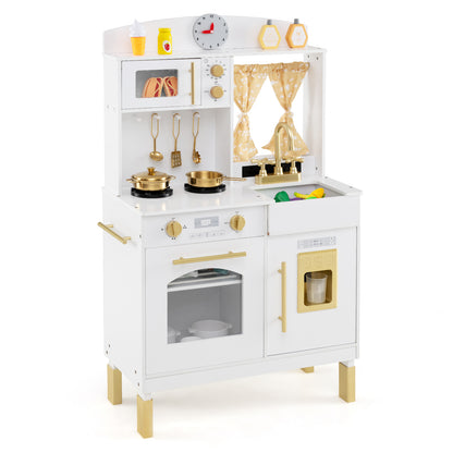 Play Kitchen for Kids Wooden Chef Pretend Playset with 3 Adjustable Heights Microwave-Gold