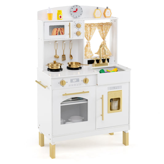 Play Kitchen for Kids Wooden Chef Pretend Playset with 3 Adjustable Heights Microwave-Gold