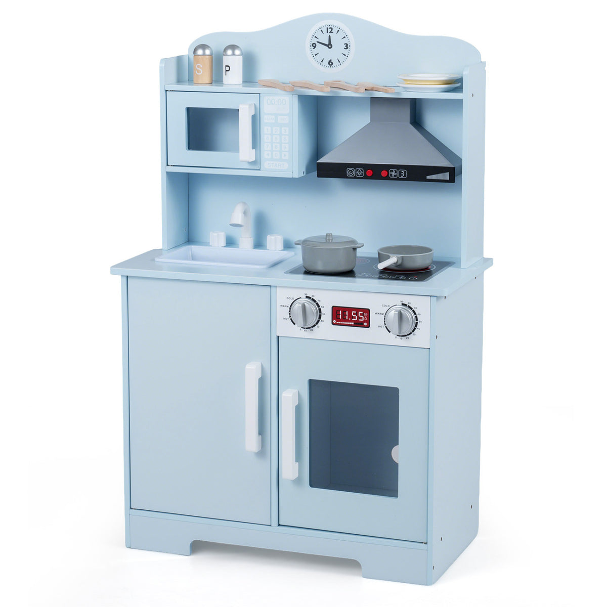 Wooden kids' play kitchen set with blue range hood and microwave, perfect for imaginative pretend cooking and role-playing fun.