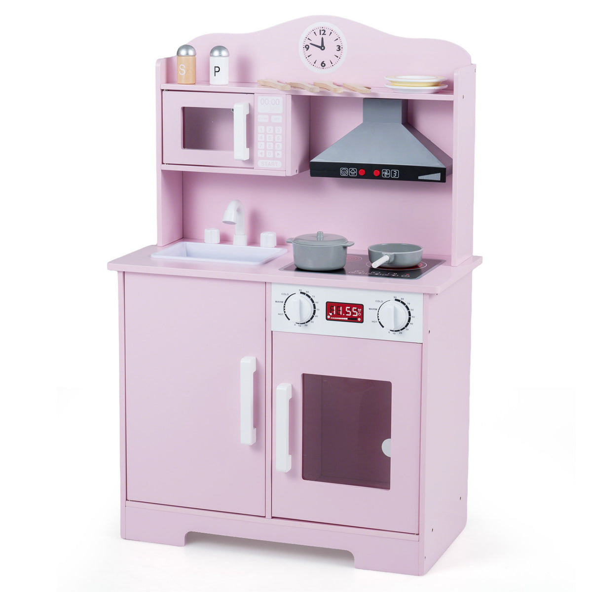 Blue wooden play kitchen for kids with range hood and microwave, pretend toy set for imaginative role play