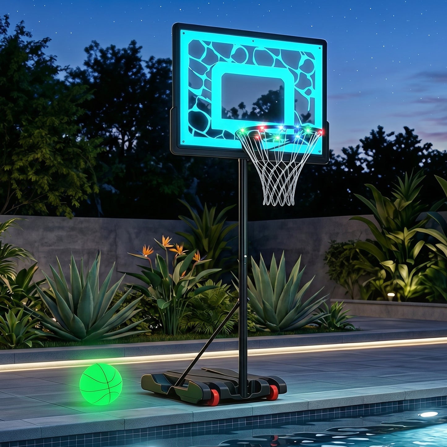 Wilson's Pool Basketball Hoop with LED lights, designed for driveway and poolside night play, sports equipment for fun water games.