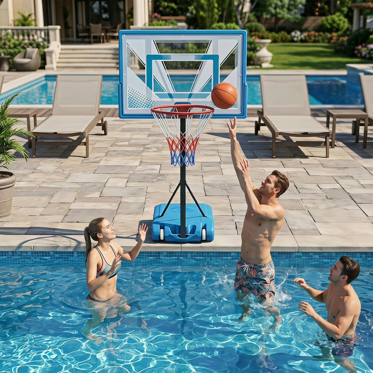 Pool basketball hoop by Wilsons Home Store with adjustable height and weighted base for outdoor water play.