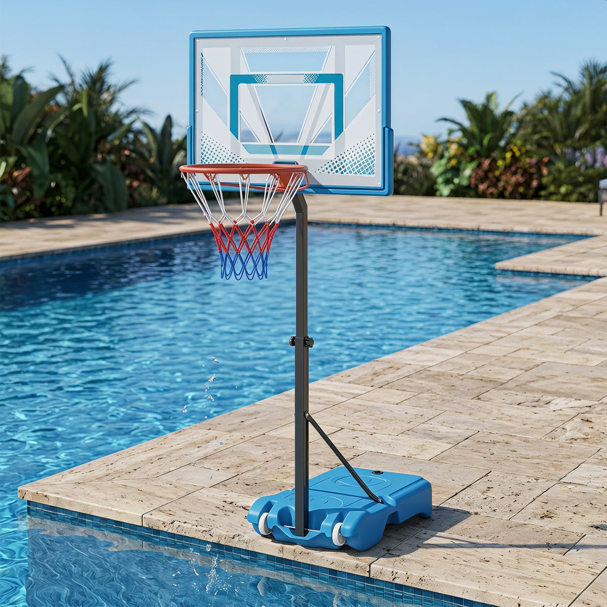 Wilson's Pool Basketball Hoop with adjustable height and weighted base for outdoor water play and basketball fun.