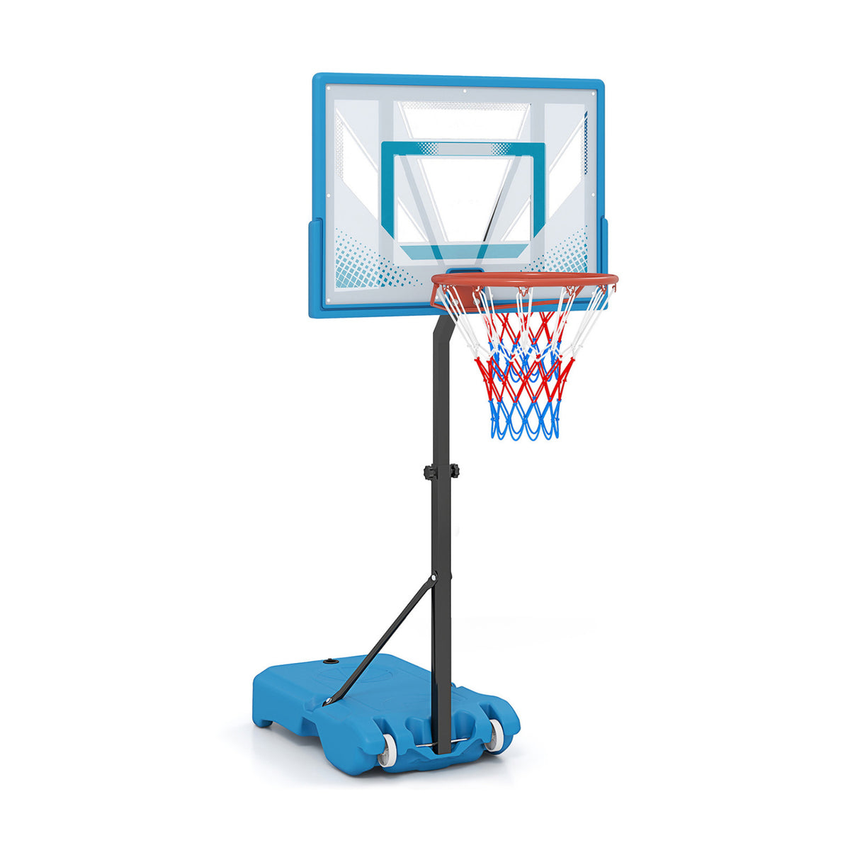 Wilson's Pool Basketball Hoop with 3-level adjustable height and weighted base, ideal for outdoor swimming pool games.