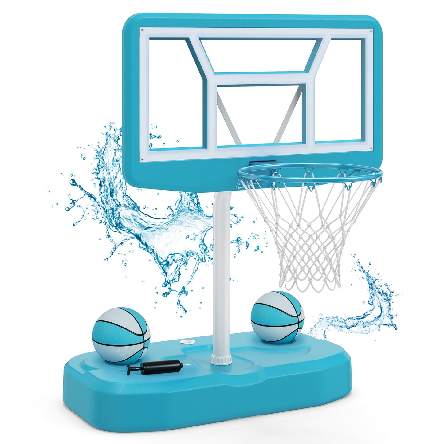 Pool Basketball Hoop Set with 2 Balls and Pump for Water Games-Light Blue