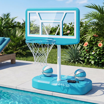 Pool Basketball Hoop Set with 2 Balls and Pump for Water Games-Light Blue