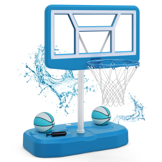 Light blue pool basketball hoop set with two balls and pump, designed for water games, by Wilsons Home Store.