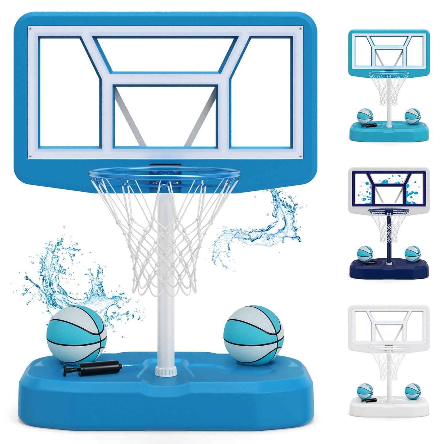 Pool Basketball Hoop Set with 2 Balls and Pump for Water Games-Light Blue