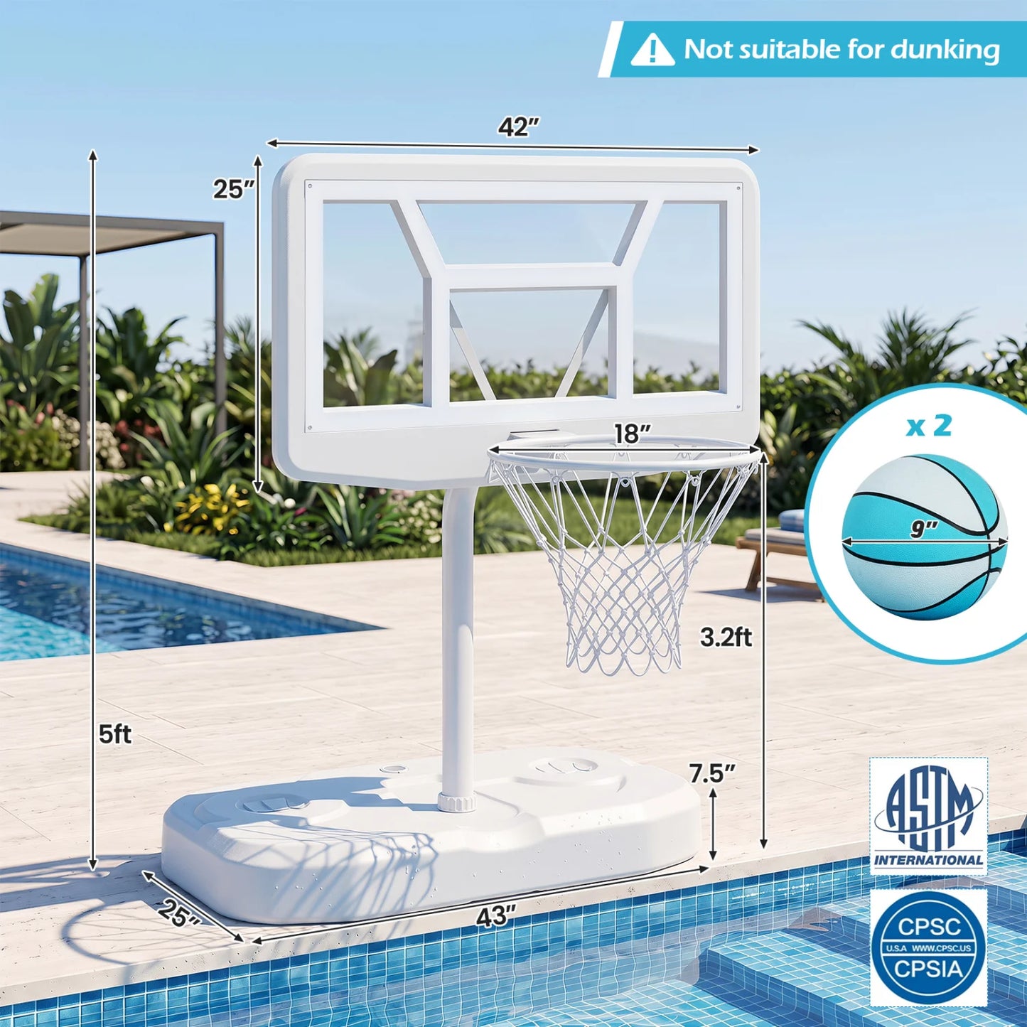 Pool Basketball Hoop Set with 2 Balls and Pump for Water Games-Light Blue