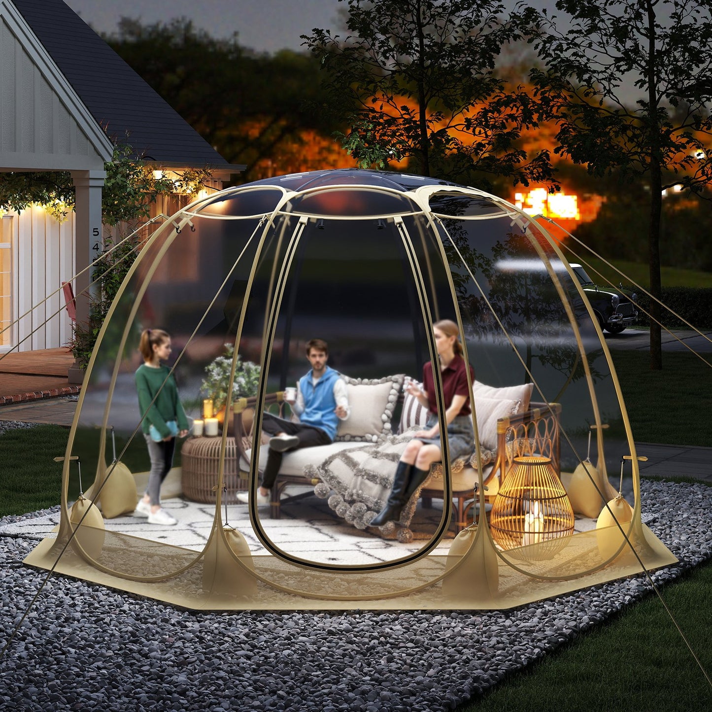 Pop Up Bubble Tent 630° Transparent PVC Igloo 8.5 x 8.5 FT Instant Setup Screen House for 5-6 People-Beige