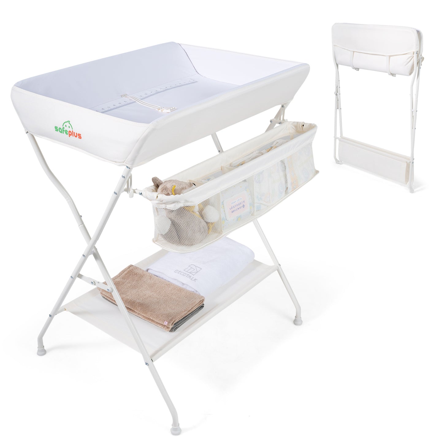 Portable beige baby change table by Wilsons Home Store, folding nursery organizer for newborns with storage and convenience.