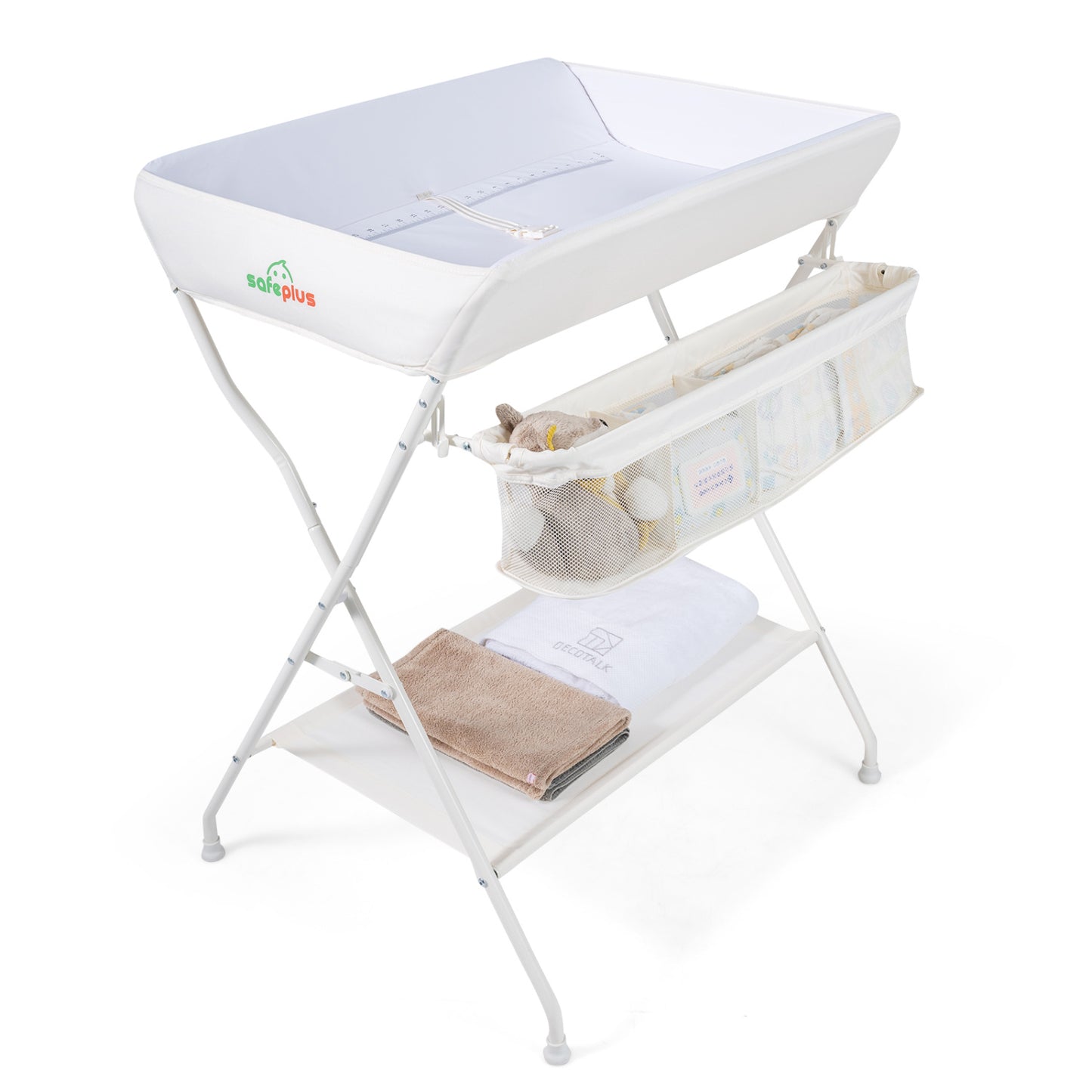 Portable beige baby change table with foldable design and nursery organizer, ideal for newborn care and easy mobility.