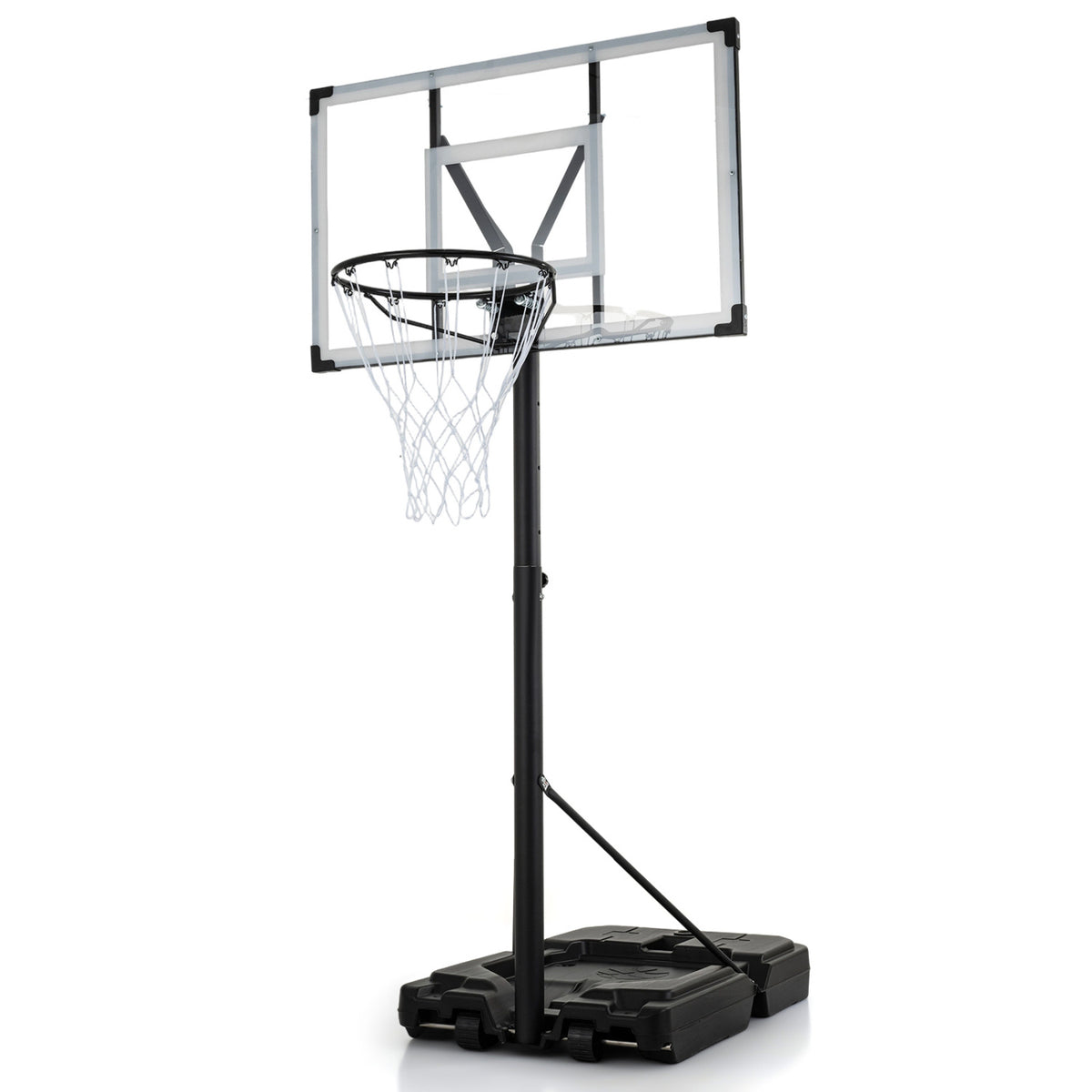 Portable Wilsons Home Store basketball hoop with adjustable height from 4.43 to 10 feet, suitable for outdoor sports play.