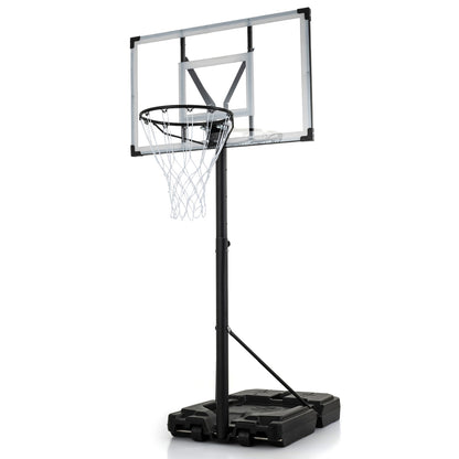 Portable Wilsons Home Store basketball hoop with adjustable height from 4.43 to 10 feet, suitable for outdoor sports play.