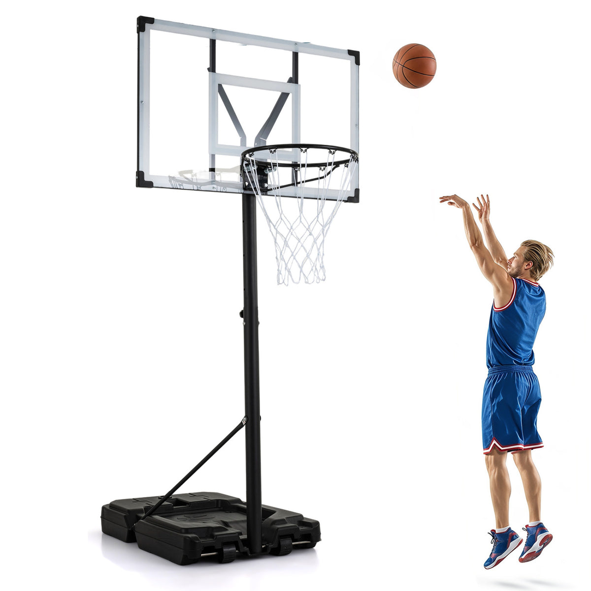 Portable Wilsons Home Store basketball hoop with adjustable height from 4.43 to 10 feet, ideal for outdoor sports and practice.