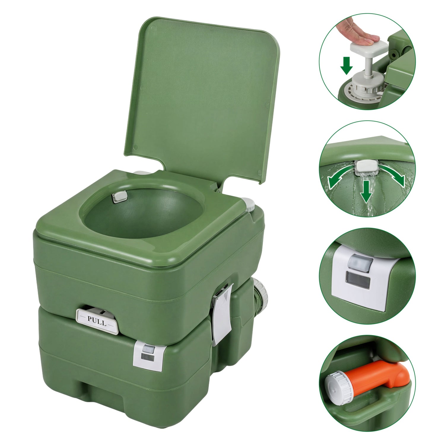 Gray portable camping toilet with level indicator and 22 L detachable waste tank, ideal for outdoor camping and outdoor activities.