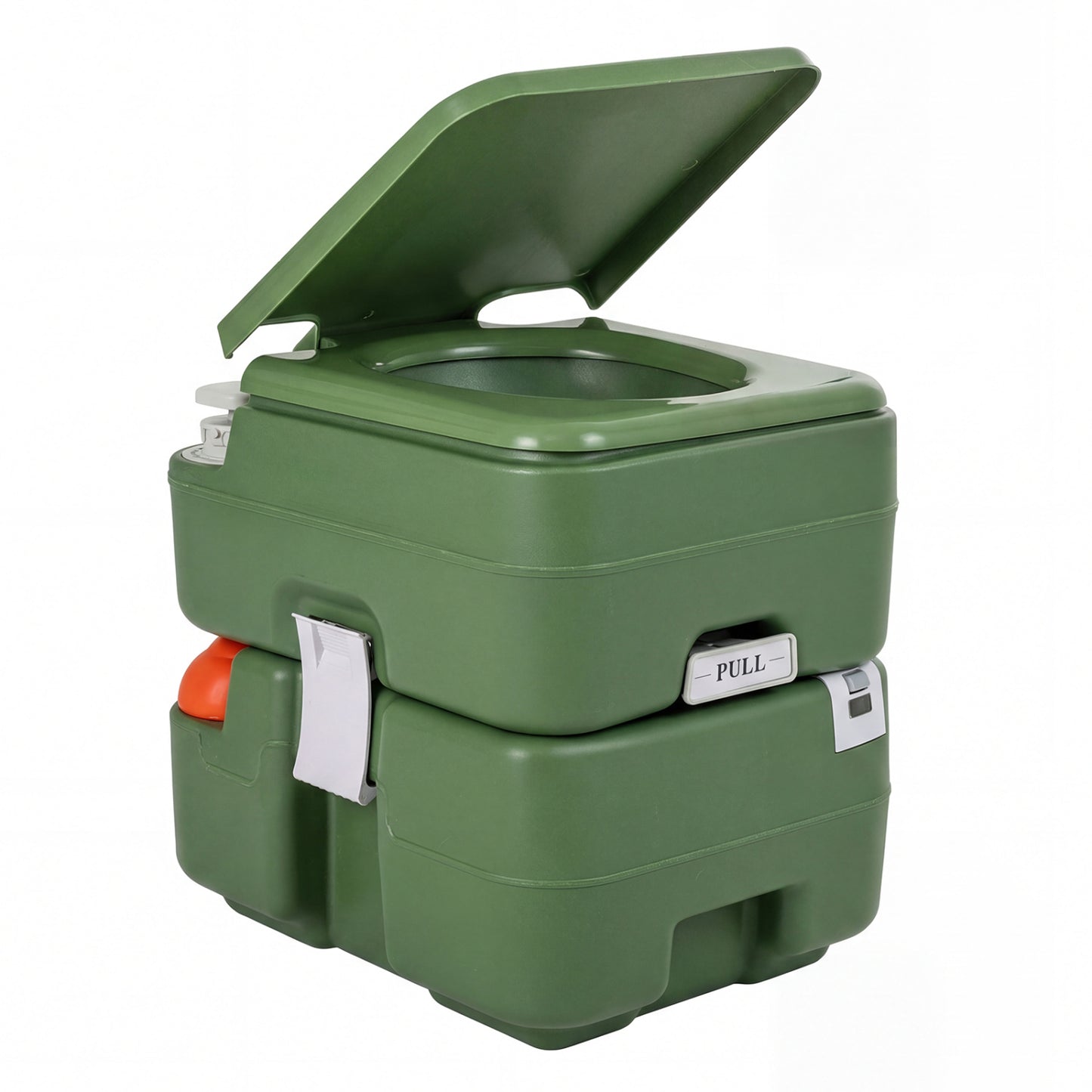 Gray portable camping toilet with level indicator and 22L detachable waste tank, ideal for outdoor camping adventures.