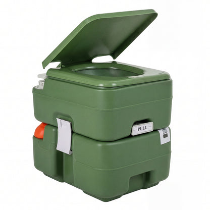 Gray portable camping toilet with level indicator and 22L detachable waste tank, ideal for outdoor camping adventures.