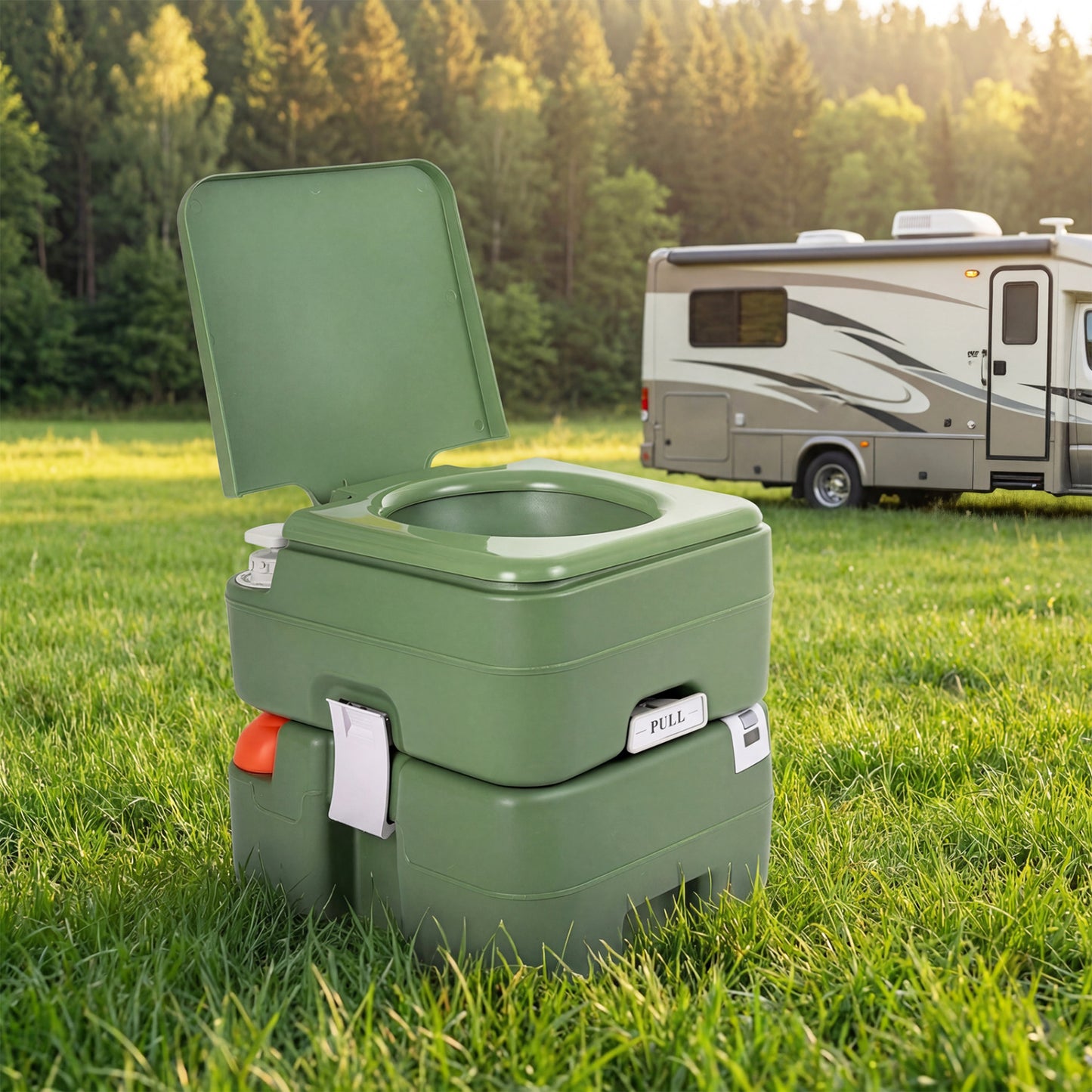 Gray portable camping toilet with level indicator and 22L detachable waste tank, ideal for outdoor camping adventures.