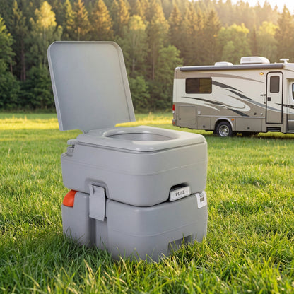 Gray portable camping toilet with level indicator and 22L detachable waste tank, ideal for outdoor camping adventures.