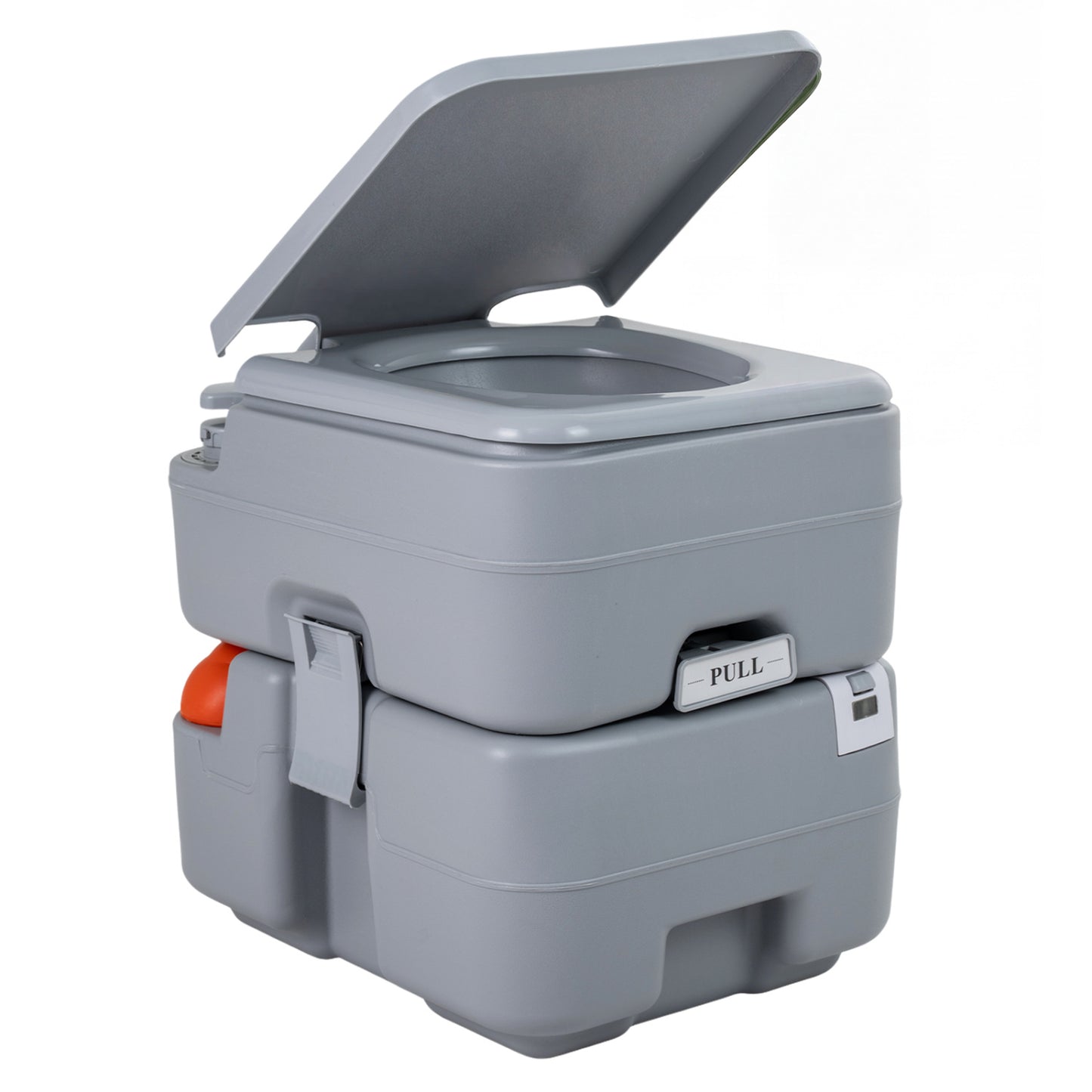 Gray portable camping toilet with level indicator and 22L detachable waste tank for outdoor camping use.